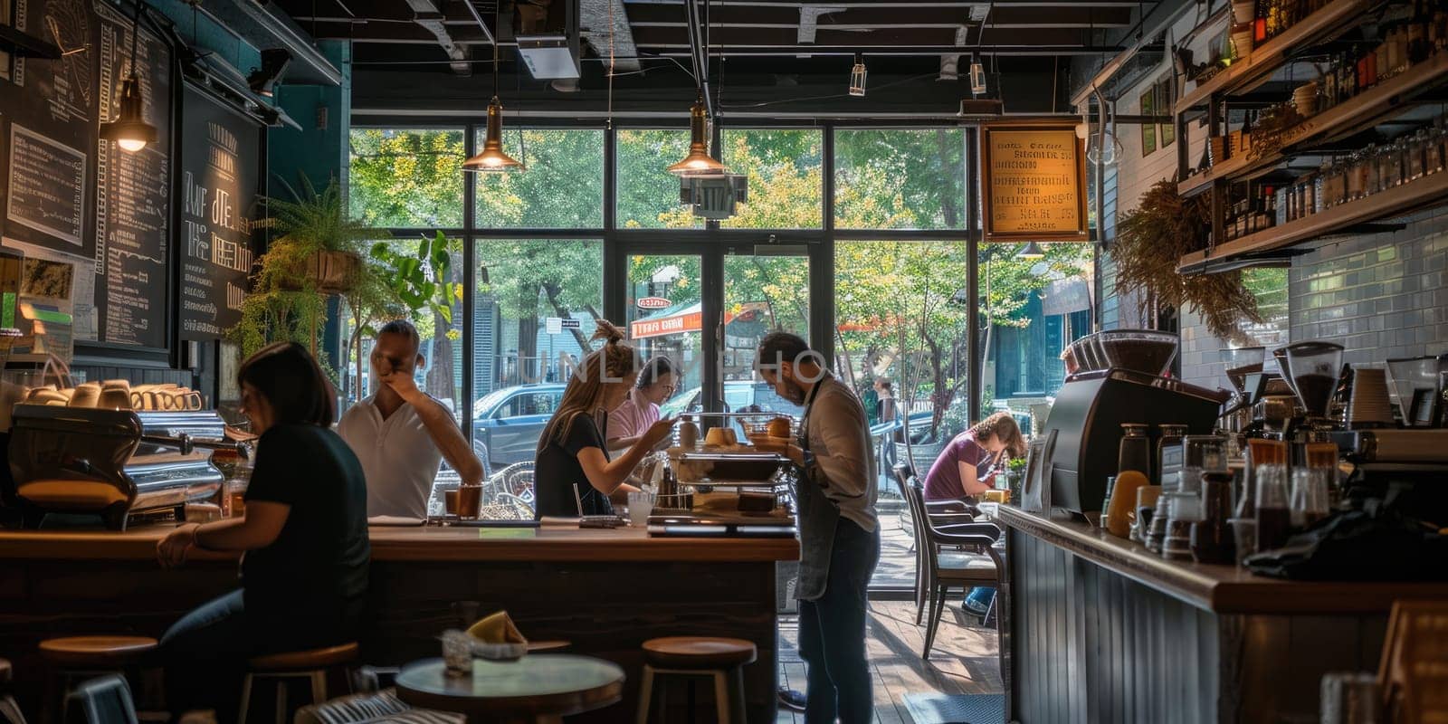 The hustle of a busy coffee shop with patrons enjoying their drinks and baristas crafting coffee, creating a lively community space. Resplendent.