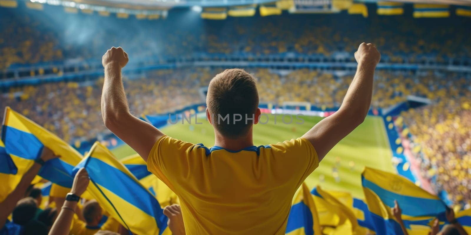 A fan wearing a yellow jersey exhibits a gesture of joy and excitement in a world stadium, enjoying leisure and fun while watching a team sport ball game. AIG41