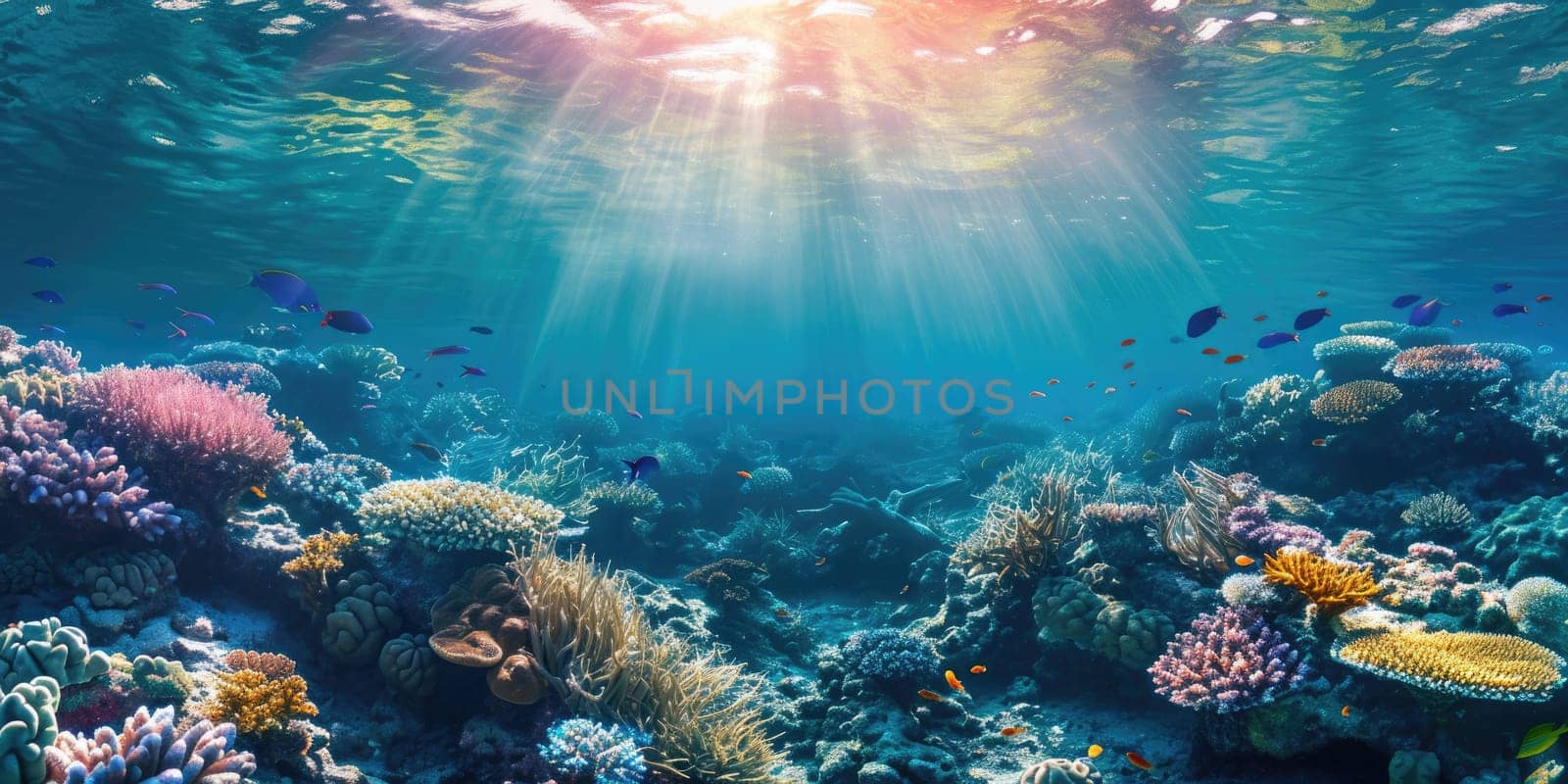 An underwater coral reef scene, diverse marine life, vivid colors, showcasing the beauty and diversity of ocean life. Underwater photography, coral reef ecosystem, diverse marine life,. Resplendent.