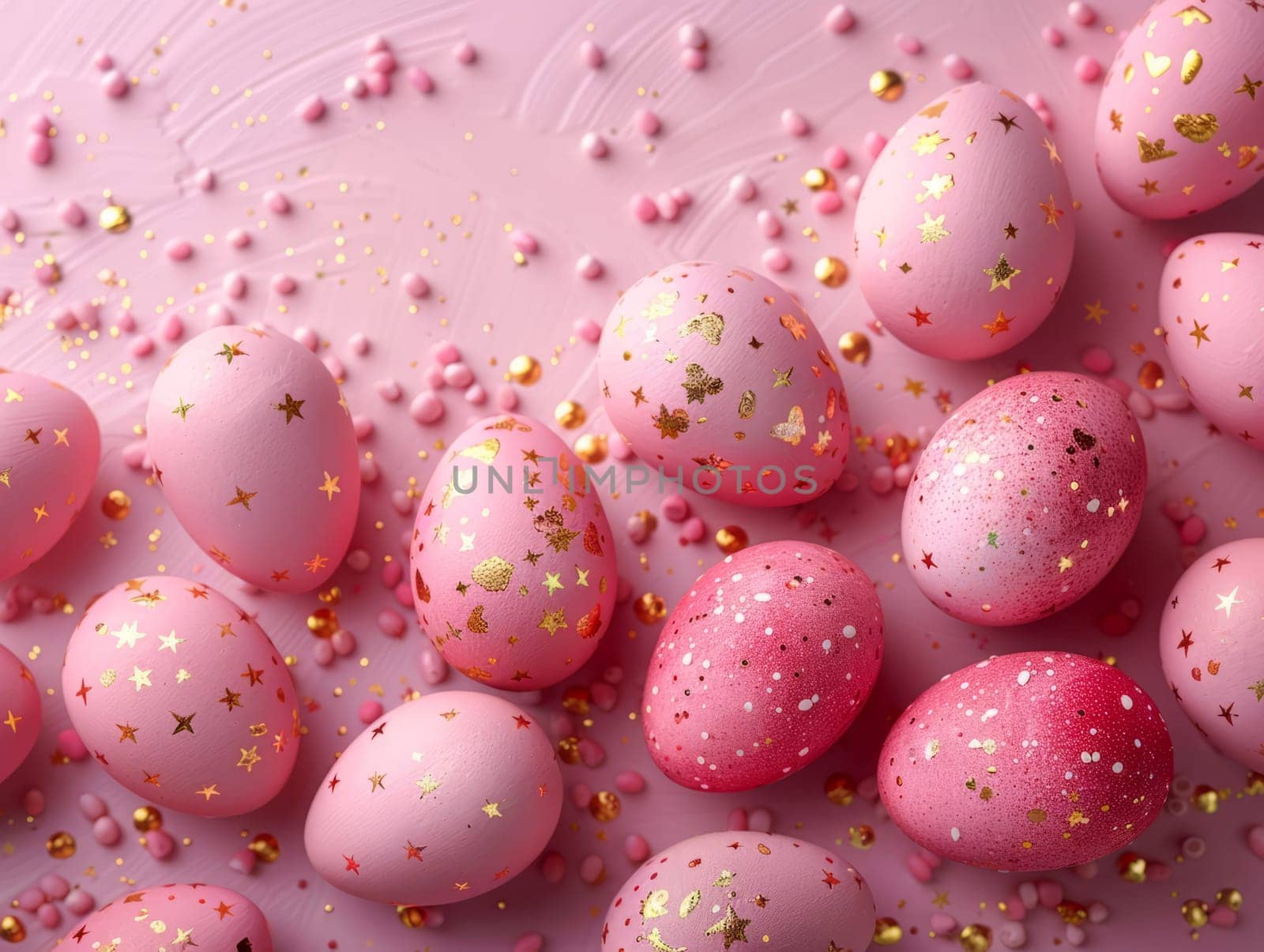 Pink and Golden Easter Eggs Background. Holiday Minimal Aesthetic Wallpaper with Easter Eggs and Copy Space..