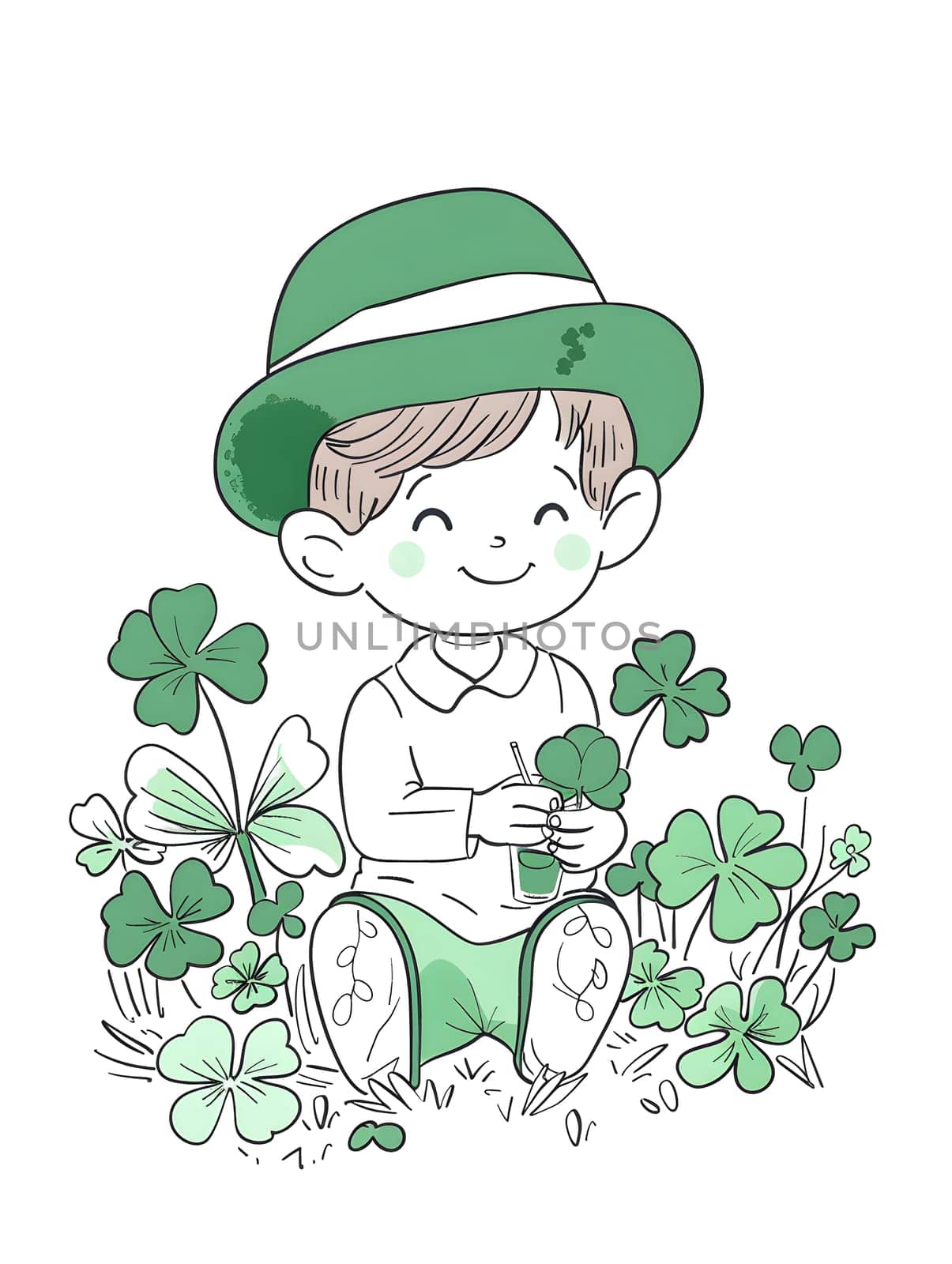 A happy boy in a green hat is sitting among plants and flowers in a field of clovers, surrounded by lush green grass
