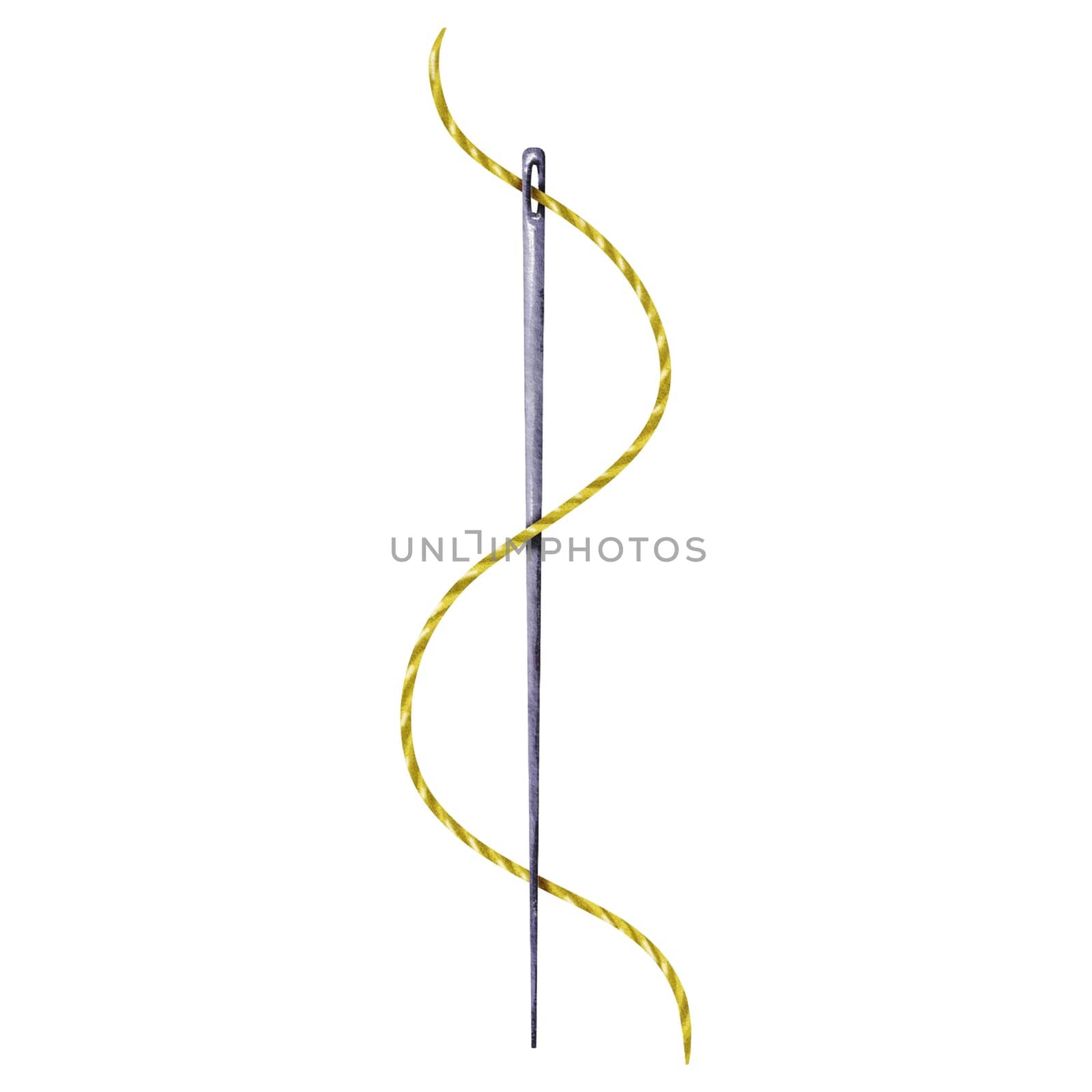 A metal sewing needle with a green thread. Elegant motion. Isolated illustration. Rendered in watercolors. for logos related to sewing, crafting enthusiasts, needlework shops, and DIY-themed designs.