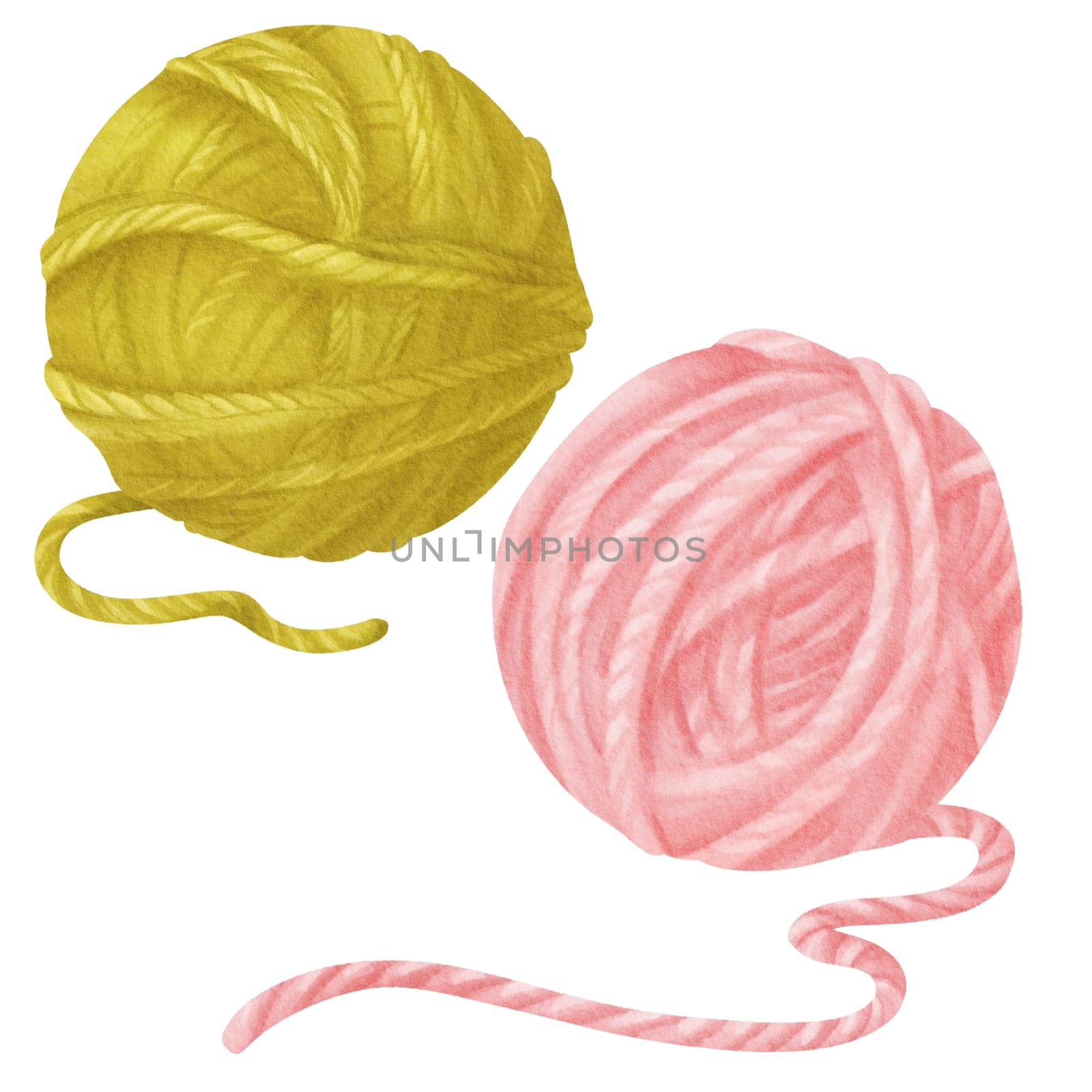 Set of isolated watercolor depiction of a pink and green yarn spool. Comprised of wool and cotton strands. for hobbyists, sewing boutiques, fabric and educational resources for knitting and sewing.