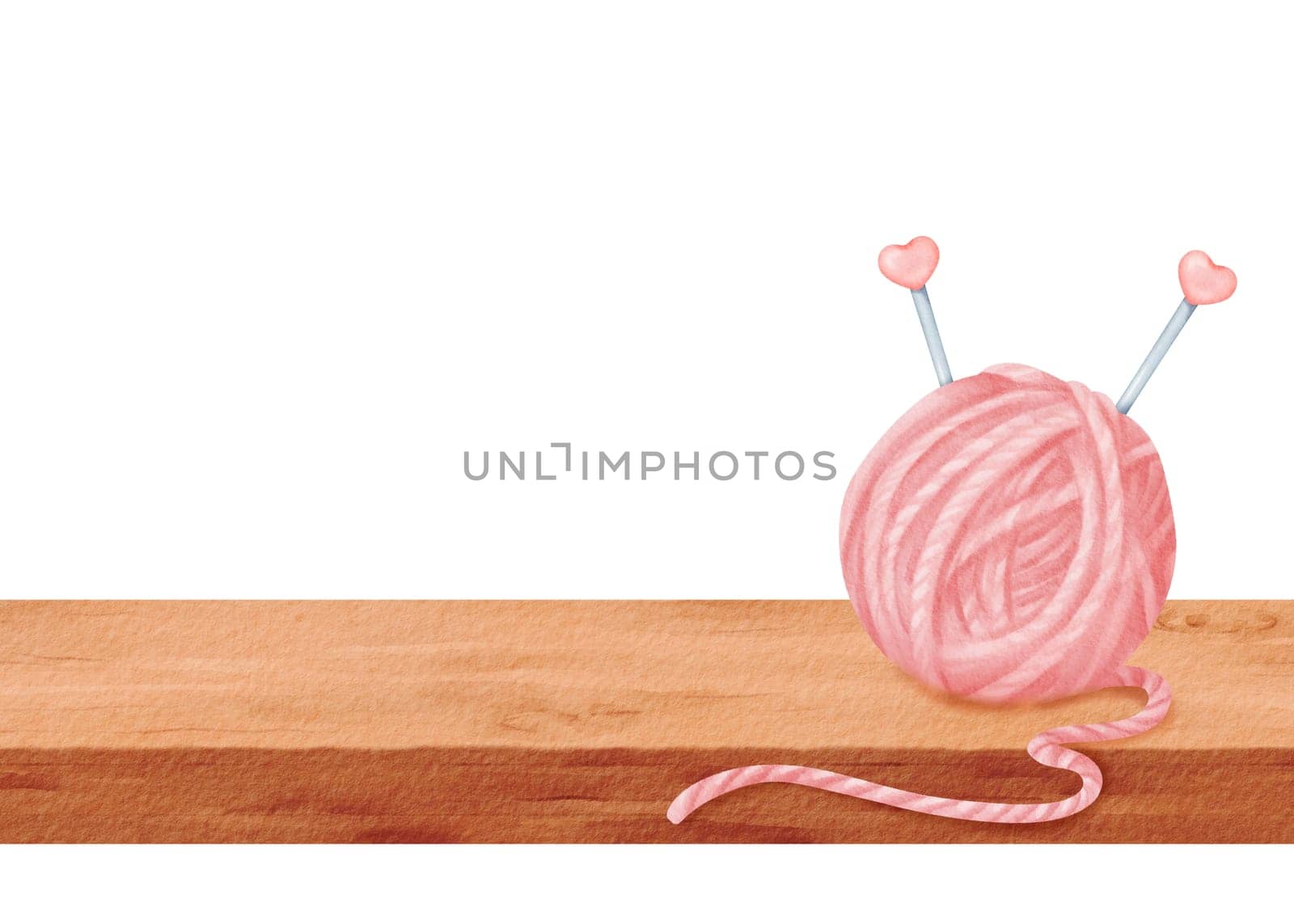 A composition featuring a pink yarn skein with knitting needles resting on a windowsill or wooden table. The needles with plastic heart charms. Plenty of space for text. Watercolor illustration.