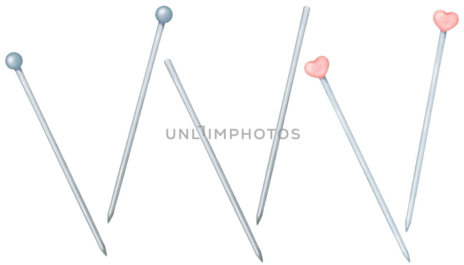 set of assorted metal knitting needles adorned with charming plastic heart-shaped charms, watercolor illustration. for crafting books, decorative for knitting tutorials, and crafting-themed projects.