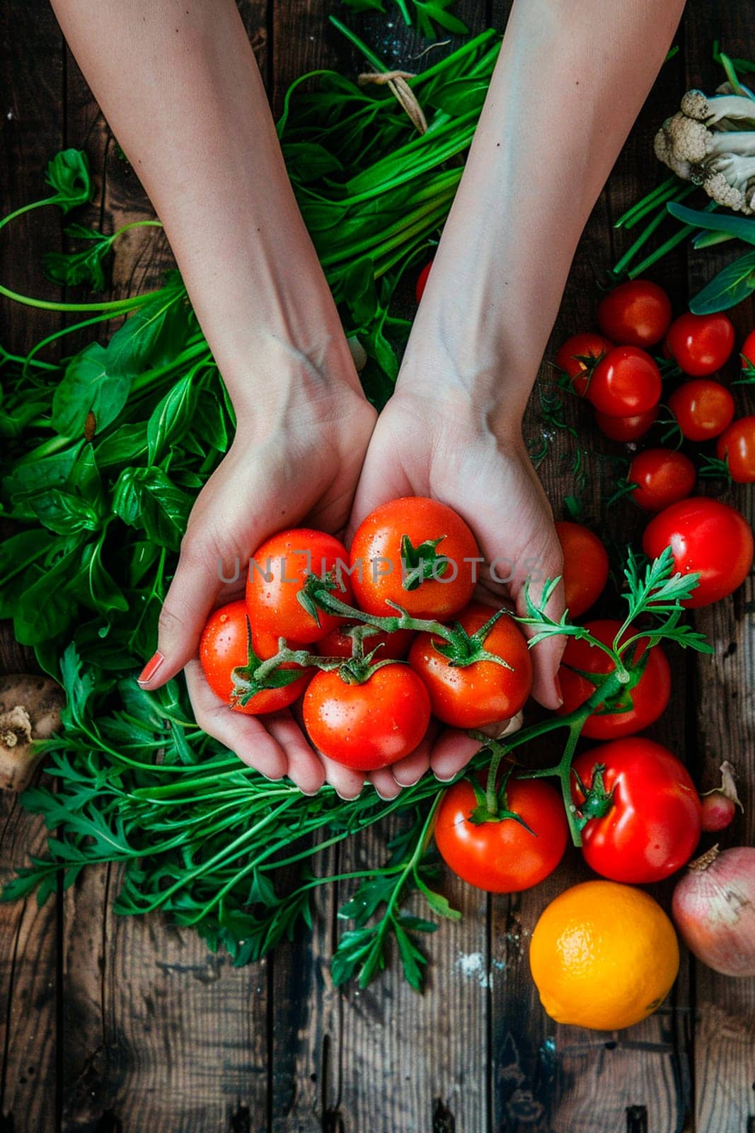 Various fresh vegetables in hands. Selective focus. by yanadjana