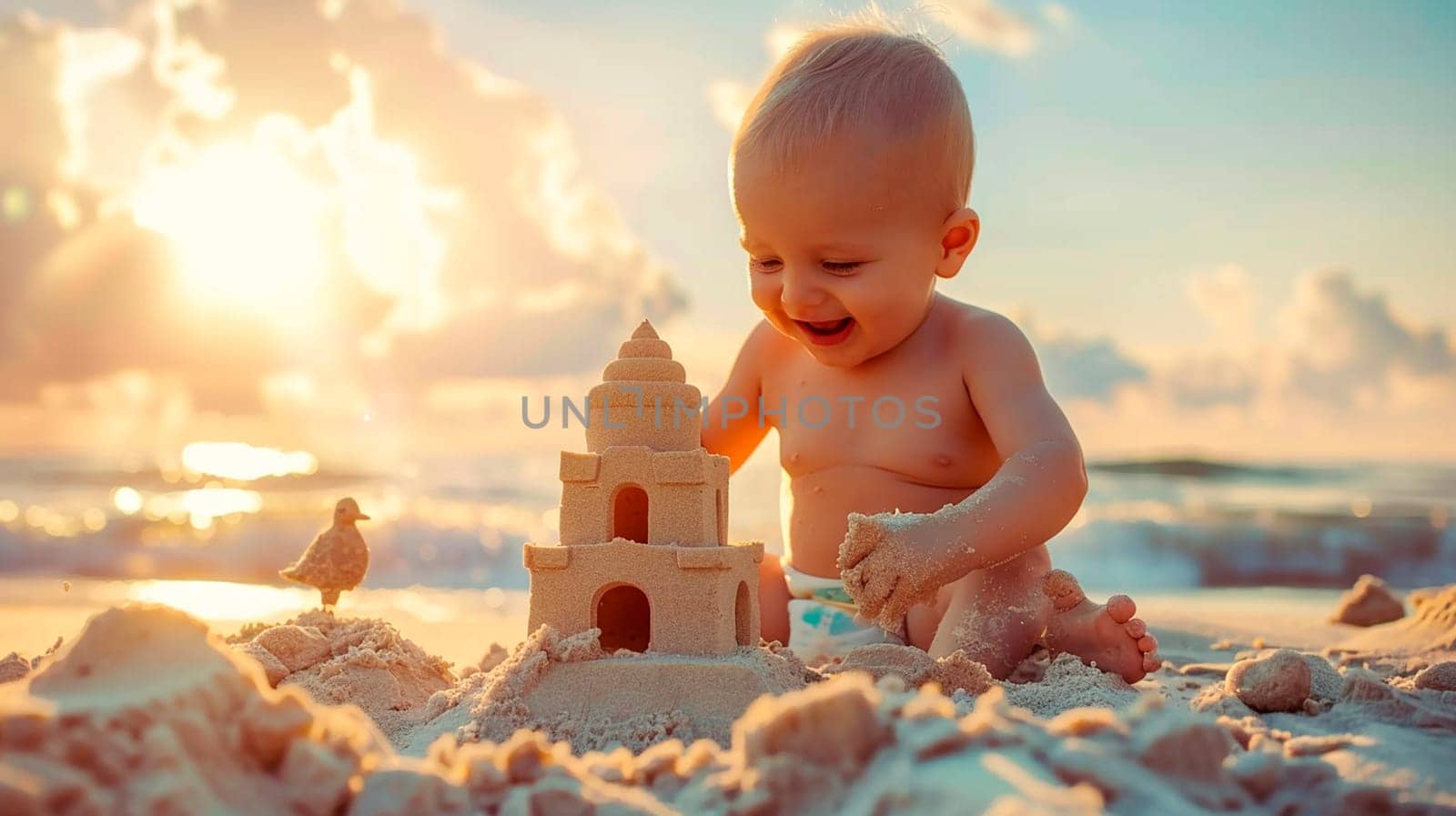 baby builds a sand castle on the beach. Selective focus. kid.