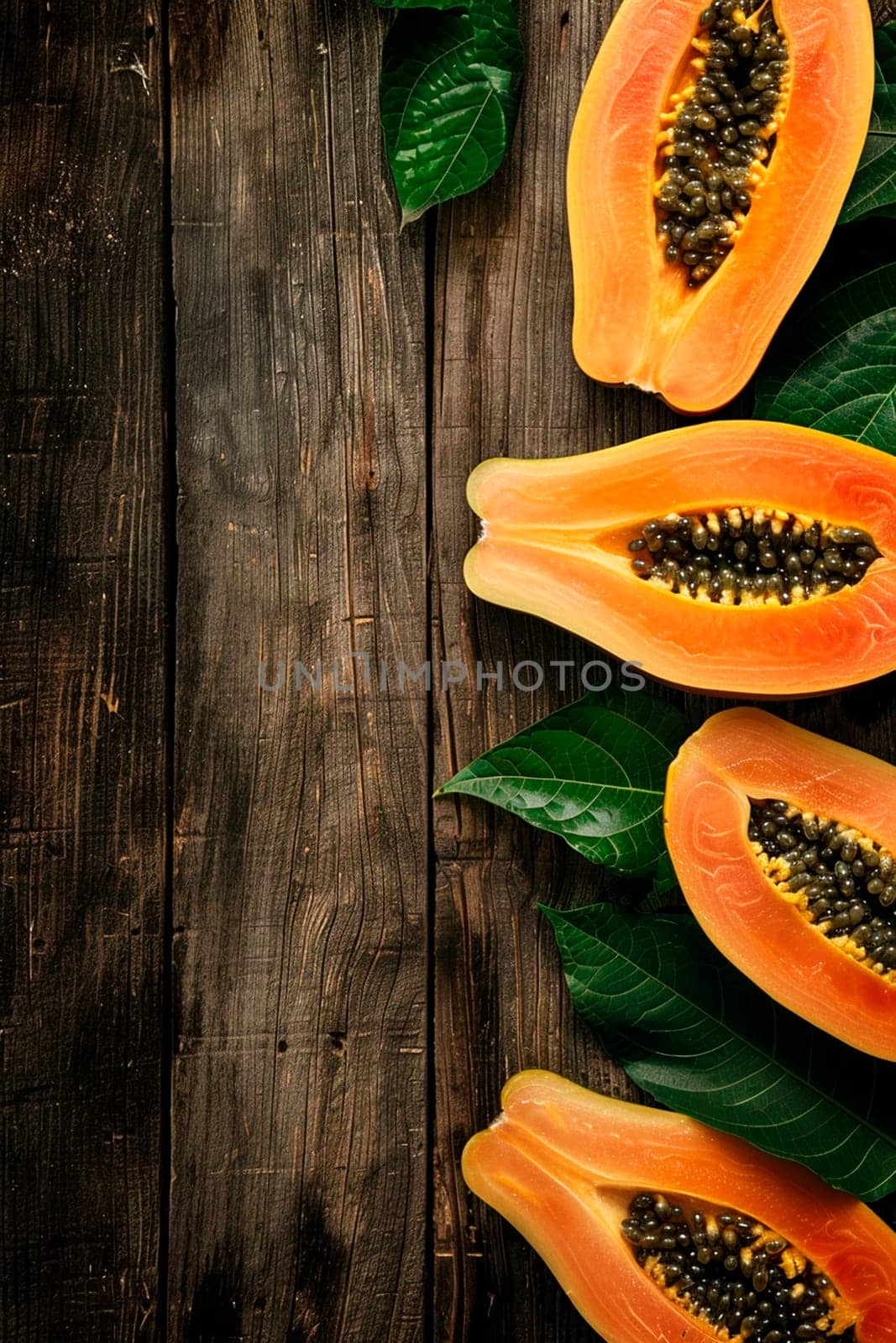 Papaya on a wooden background. Selective focus. by yanadjana