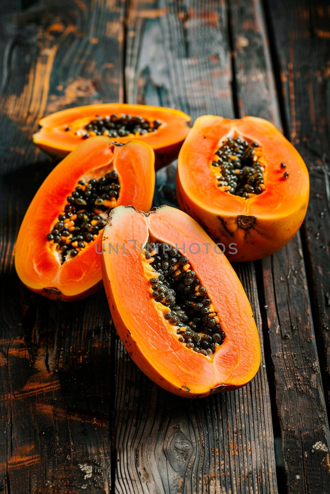 Papaya on a wooden background. Selective focus. by yanadjana