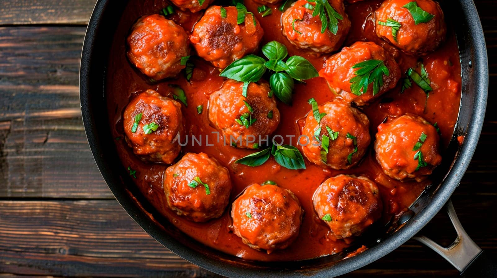 meatballs in tomato sauce in a frying pan. Selective focus. by yanadjana