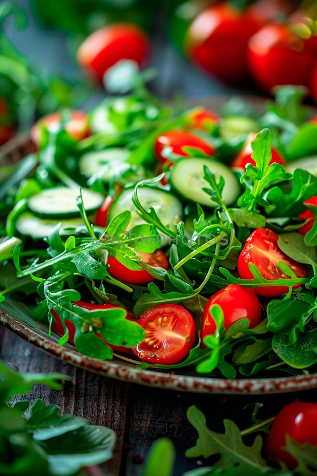 Vegetable salad with arugula, cucumbers and tomatoes. Selective focus. by yanadjana