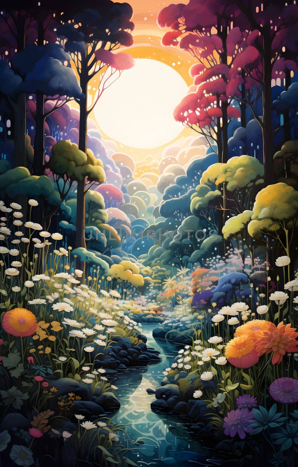 An artistic painting of a natural landscape, featuring a river with trees and flowers, sunlight shining through the trees like Christmas decorations at an event