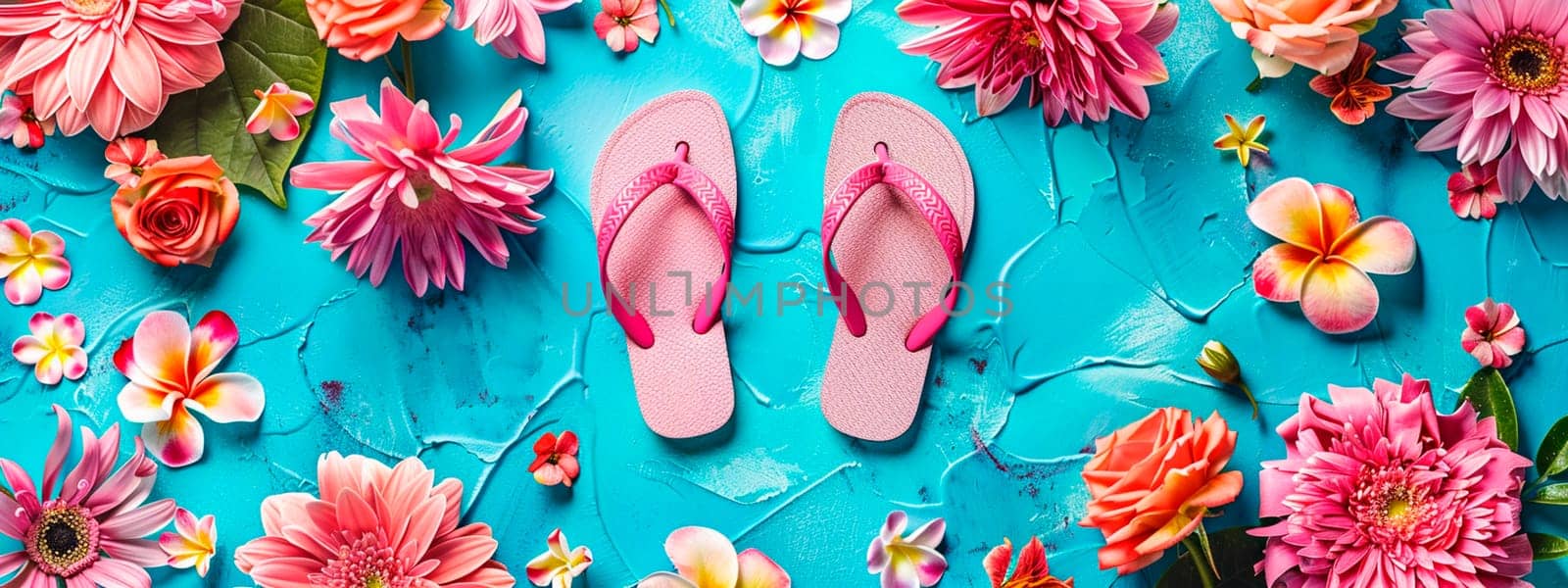 Floral background with summer slippers on a blue background. Selective focus. nature.