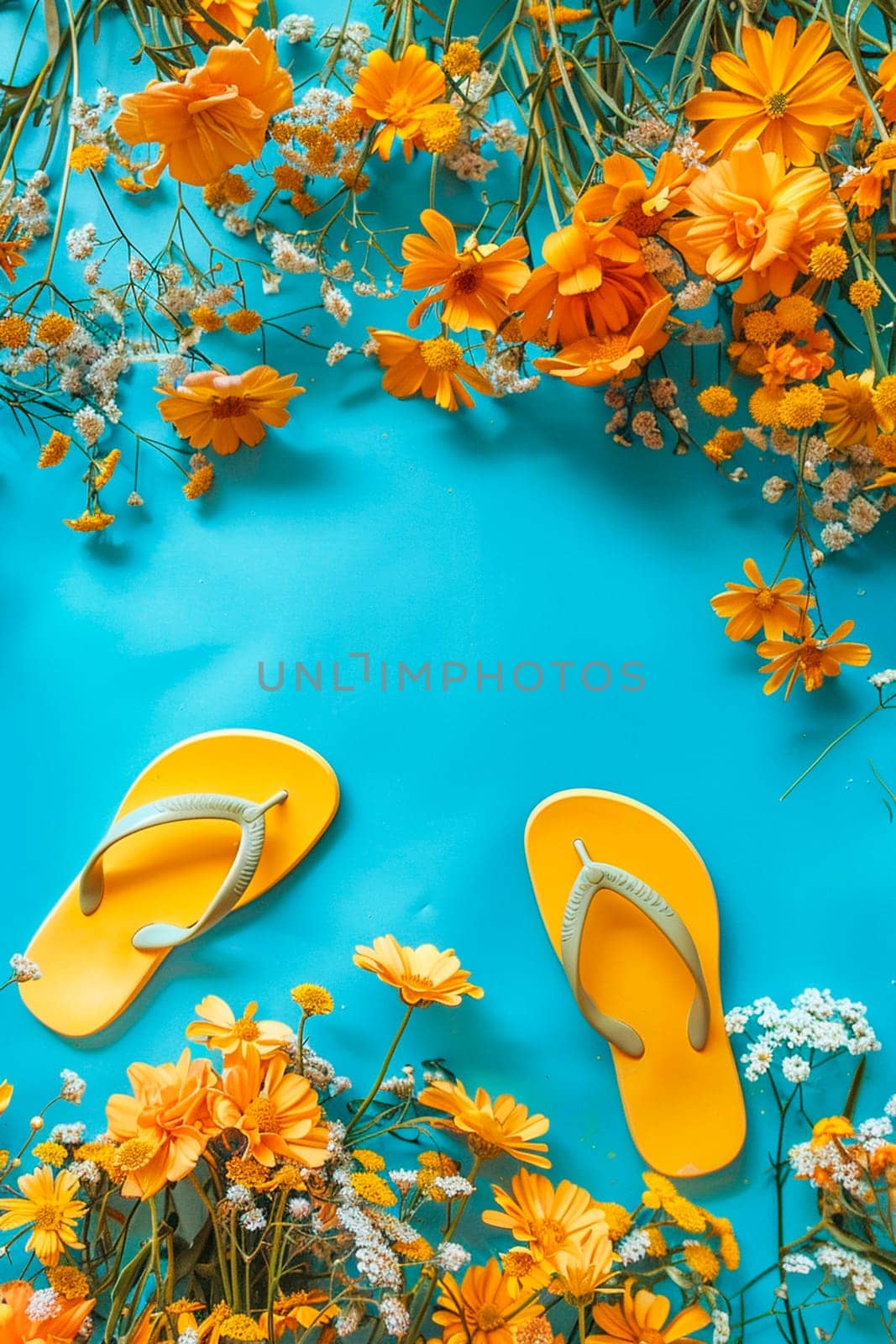 Floral background with summer slippers on a blue background. Selective focus. by yanadjana