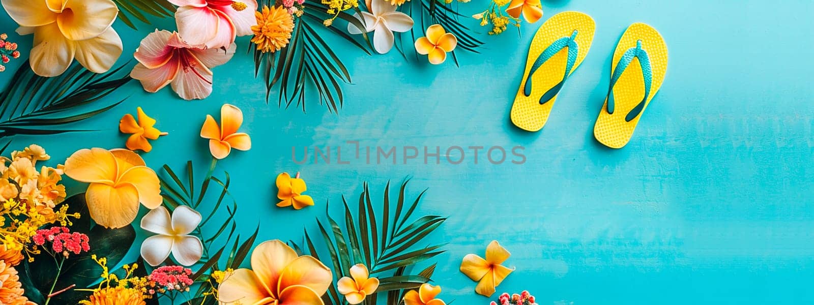 Floral background with summer slippers on a blue background. Selective focus. nature.