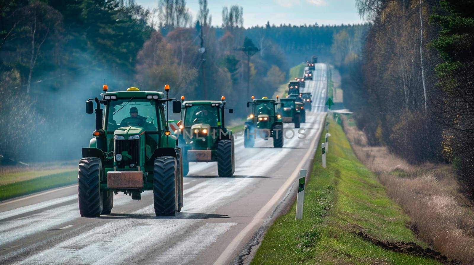 Many tractors are driving along the road to the protest. Selective focus. nature.