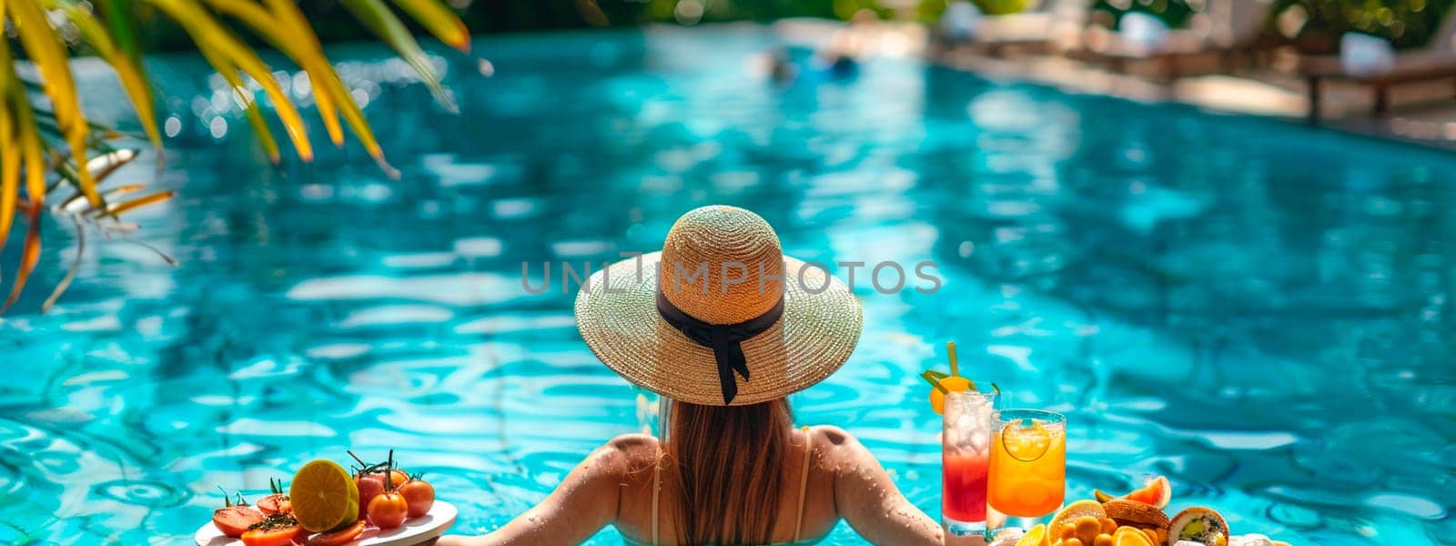 Woman in a pool with fruit. Selective focus. by yanadjana