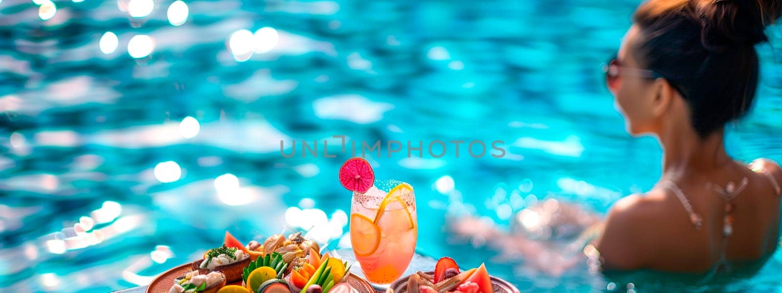 Woman in a pool with fruit. Selective focus. by yanadjana