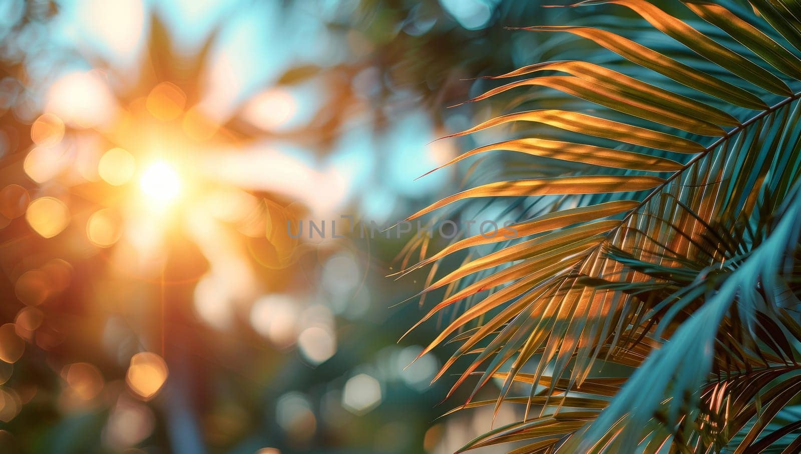 Palm leaves on blurred background of sun rays and bokeh