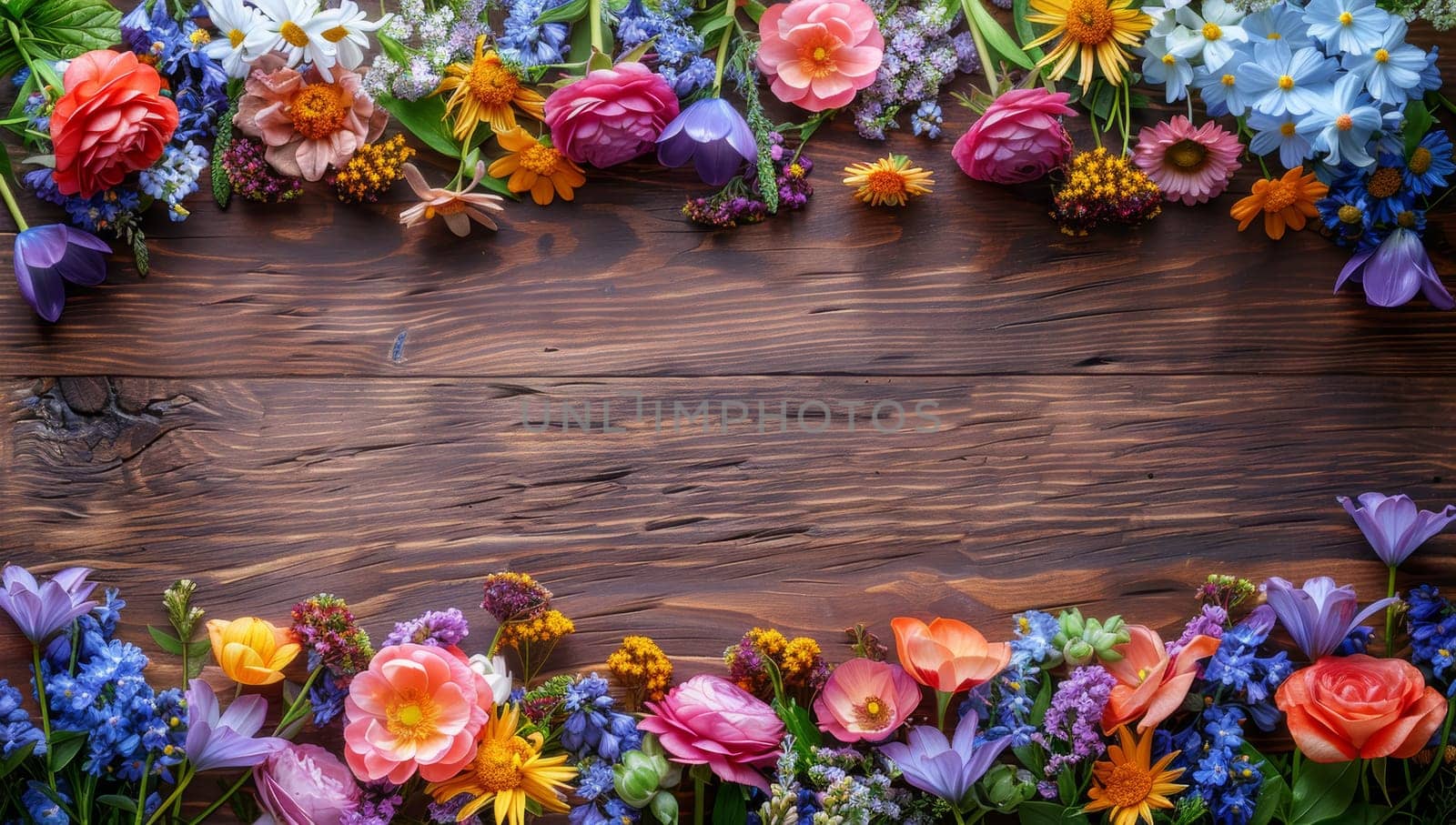Colorful spring flowers on wooden background. Top view with copy space