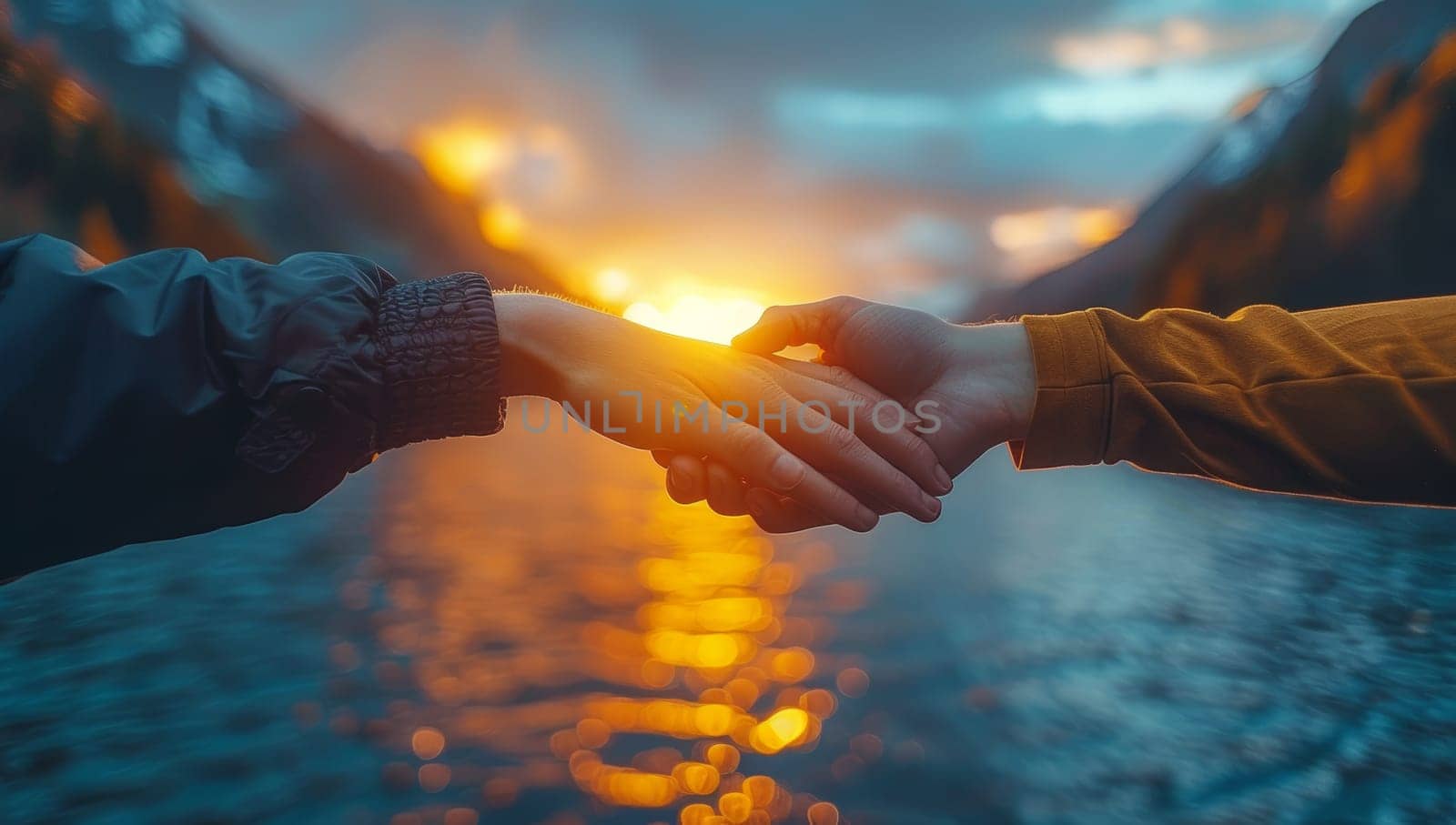 Hands of a man and a woman holding hands on the background of the lake at sunset