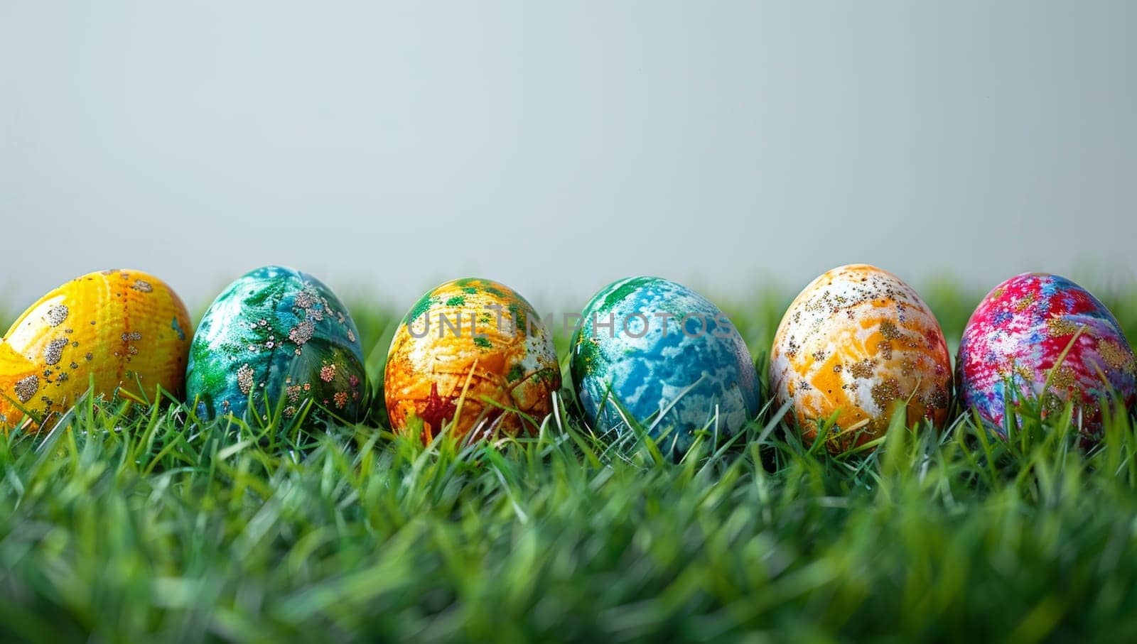 Colorful easter eggs on green grass background with copy space.