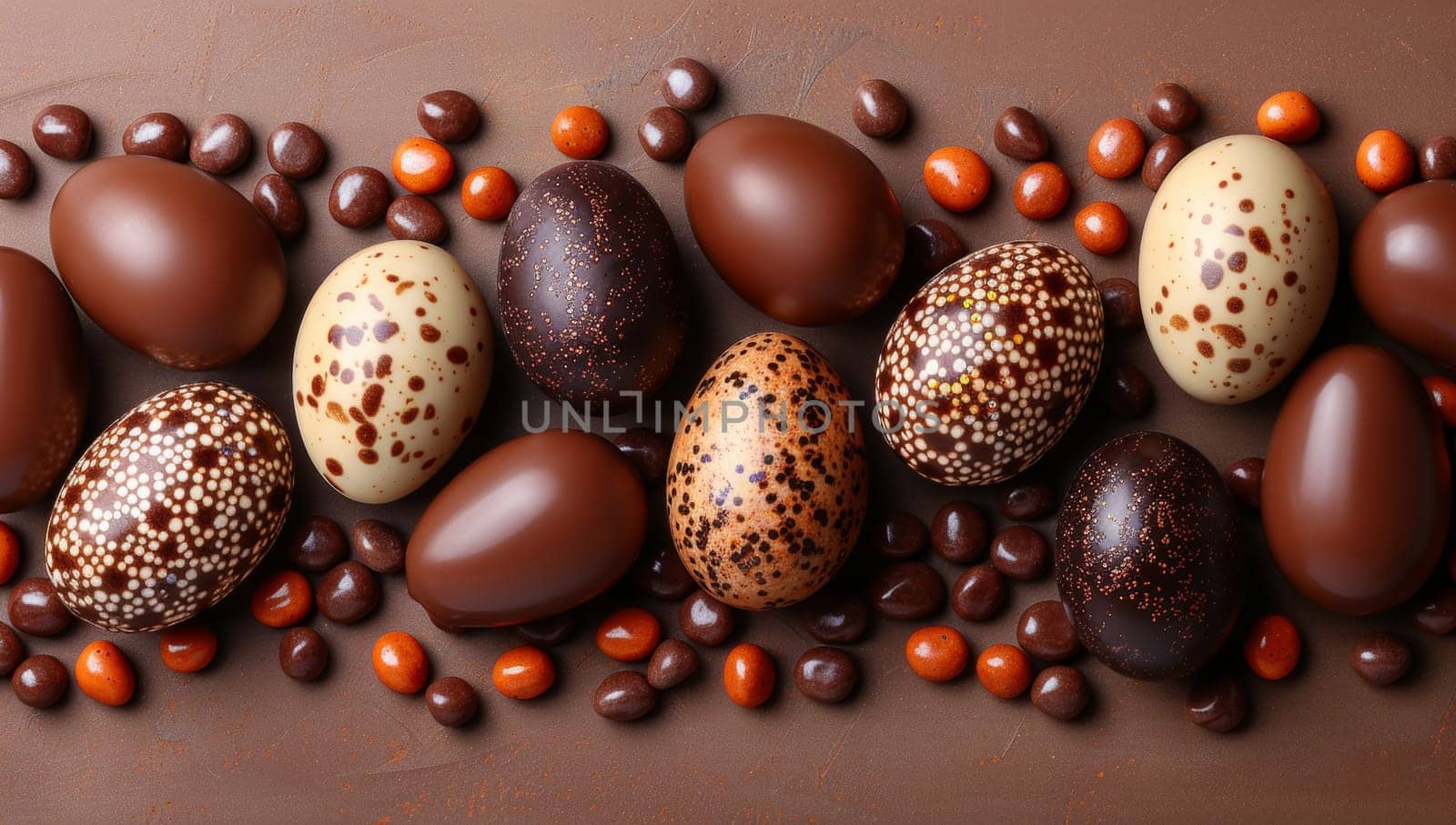 Chocolate Easter eggs and candies on brown background, top view