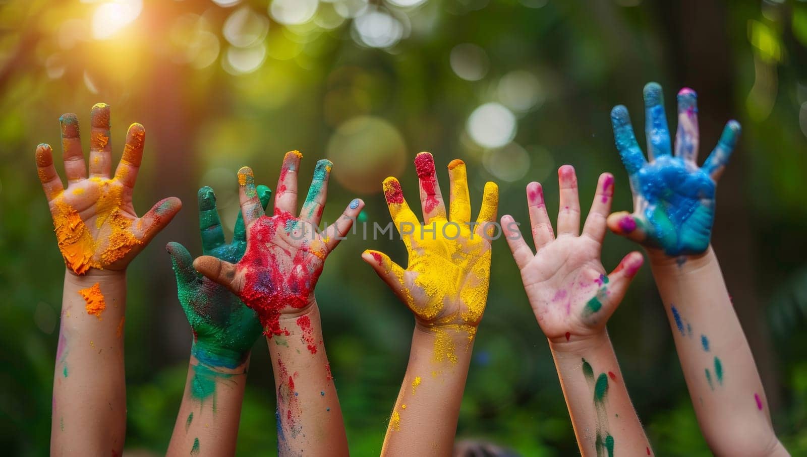 Hands of child covered with colorful paint on holi festival. by ailike
