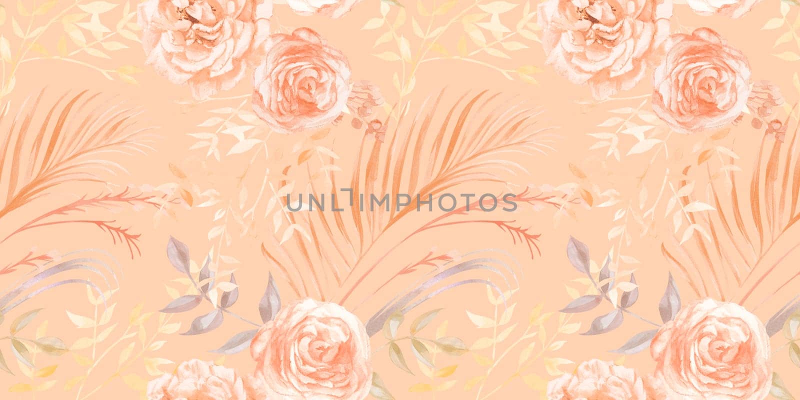 Monochrome pattern with watercolor flowers and twigs