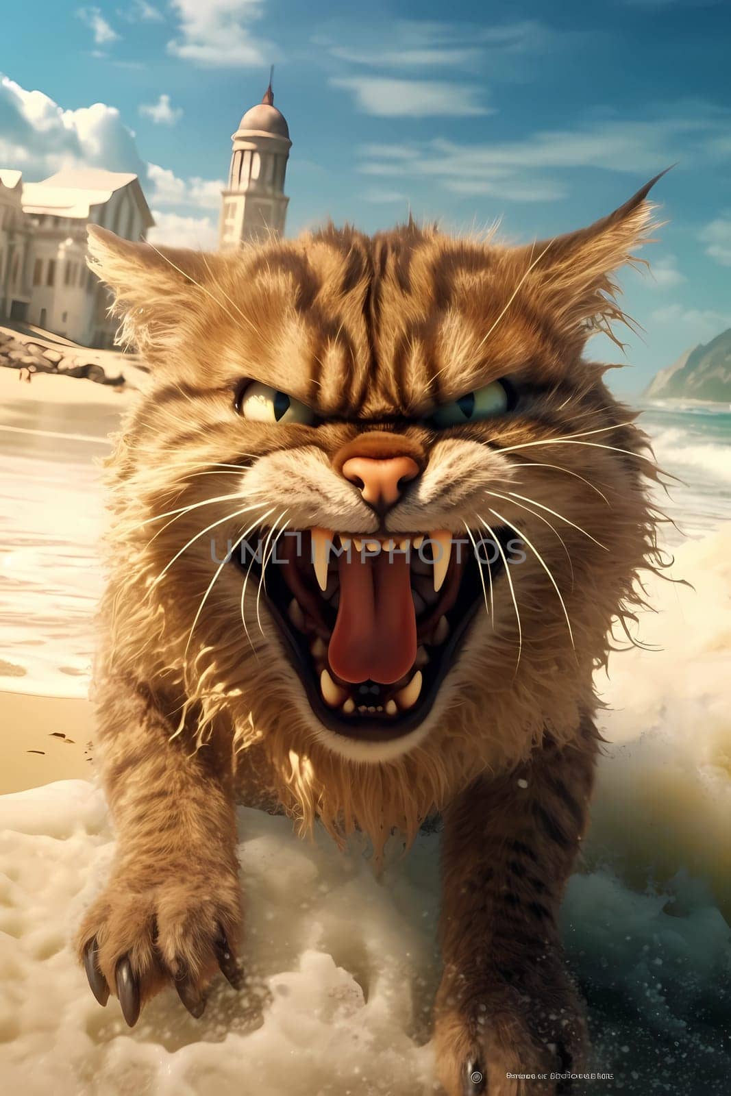 Crazy cat with canines. Generated AI by Oxdesign