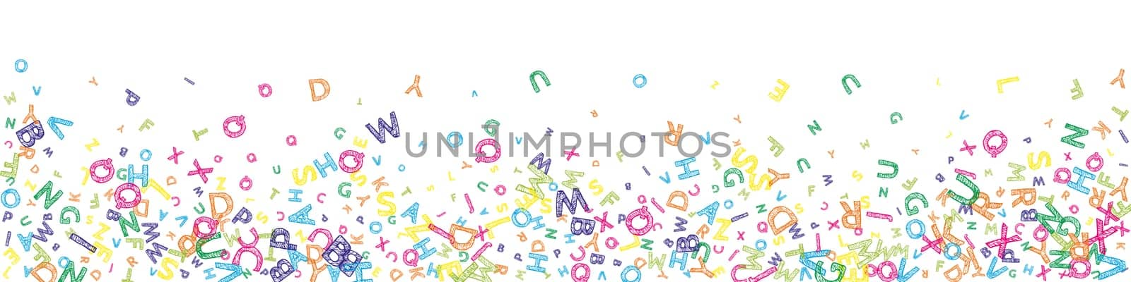 Falling letters of English language. Colorful messy sketch flying words of Latin alphabet. Foreign languages study concept. Exotic back to school banner on white background. by beginagain