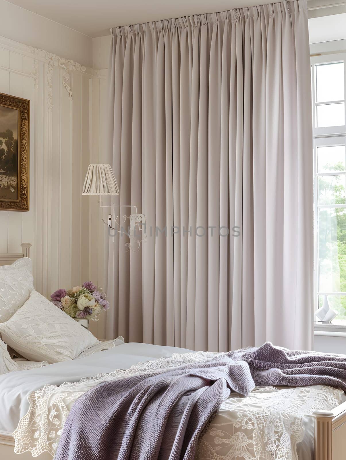 A cozy bedroom with white curtains on the window, a purple blanket on the bed frame made of wood, and a soft flooring for extra comfort
