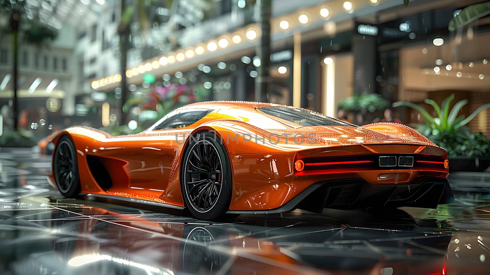 A sleek orange sports car is parked in the rain, illuminated by the automotive parking lights in front of a building, showcasing its stylish design and shiny wheels