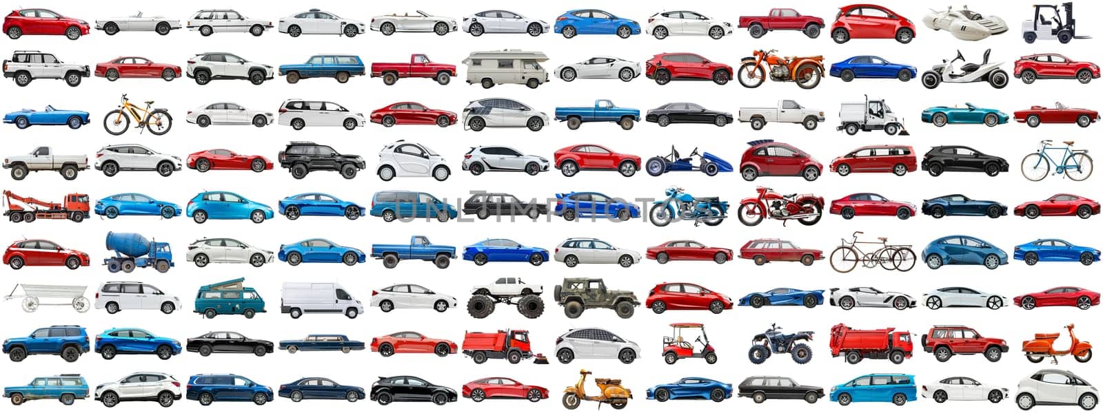 108 cars and various vehicles set of sedan, sports car, super car, bus, electric car, race car and other motor vehicles, many car photo collection set on isolated background AIG44