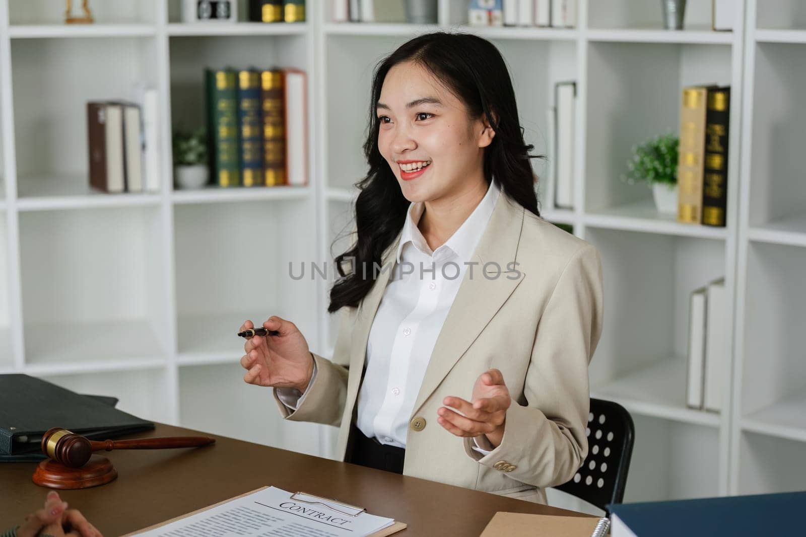 Lawyers provide advice to client are business partner. Lawyer working with client discussing contract document in office, consulting to help customer.