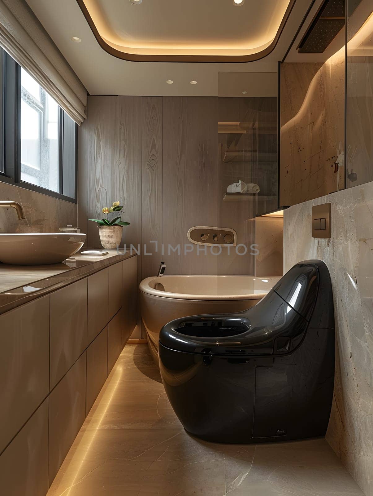A bathroom in a building property featuring a tub, toilet, sink, and window. The interior design includes composite material flooring and wooden fixtures