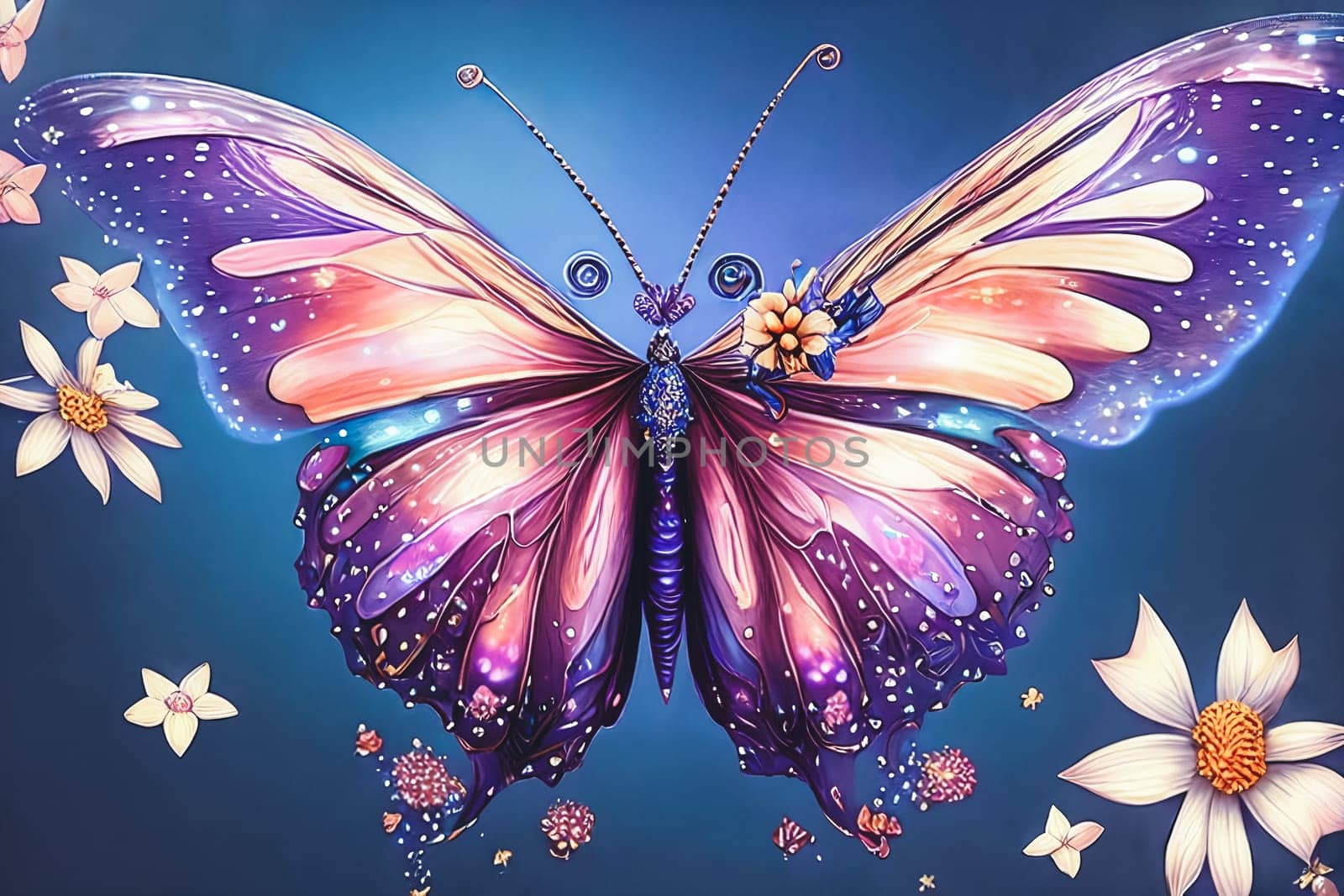 A mystical fantasy butterfly with shimmering wings fluttering delicately among blooming celestial flowers and twinkling stars.