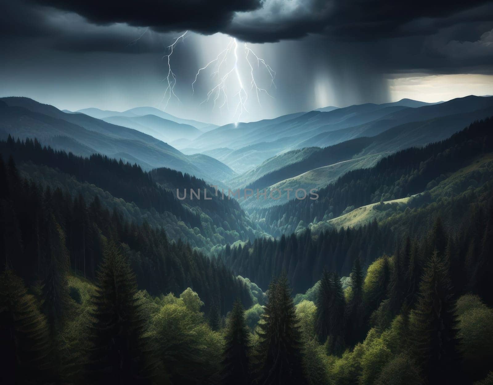 Night over forested mountains. Thunderclouds, rain and lightning. Aerial view. AI generated