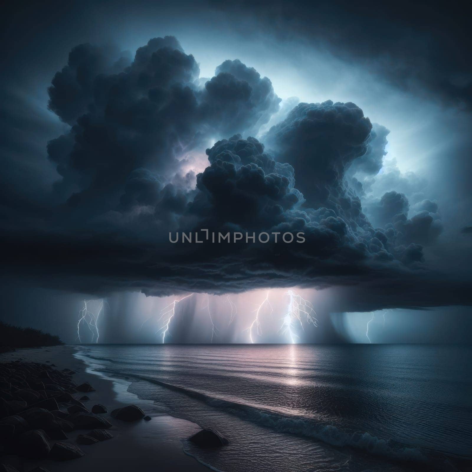 Night rocky beach. Thunderclouds, rain and lightnings over the sea. AI generated