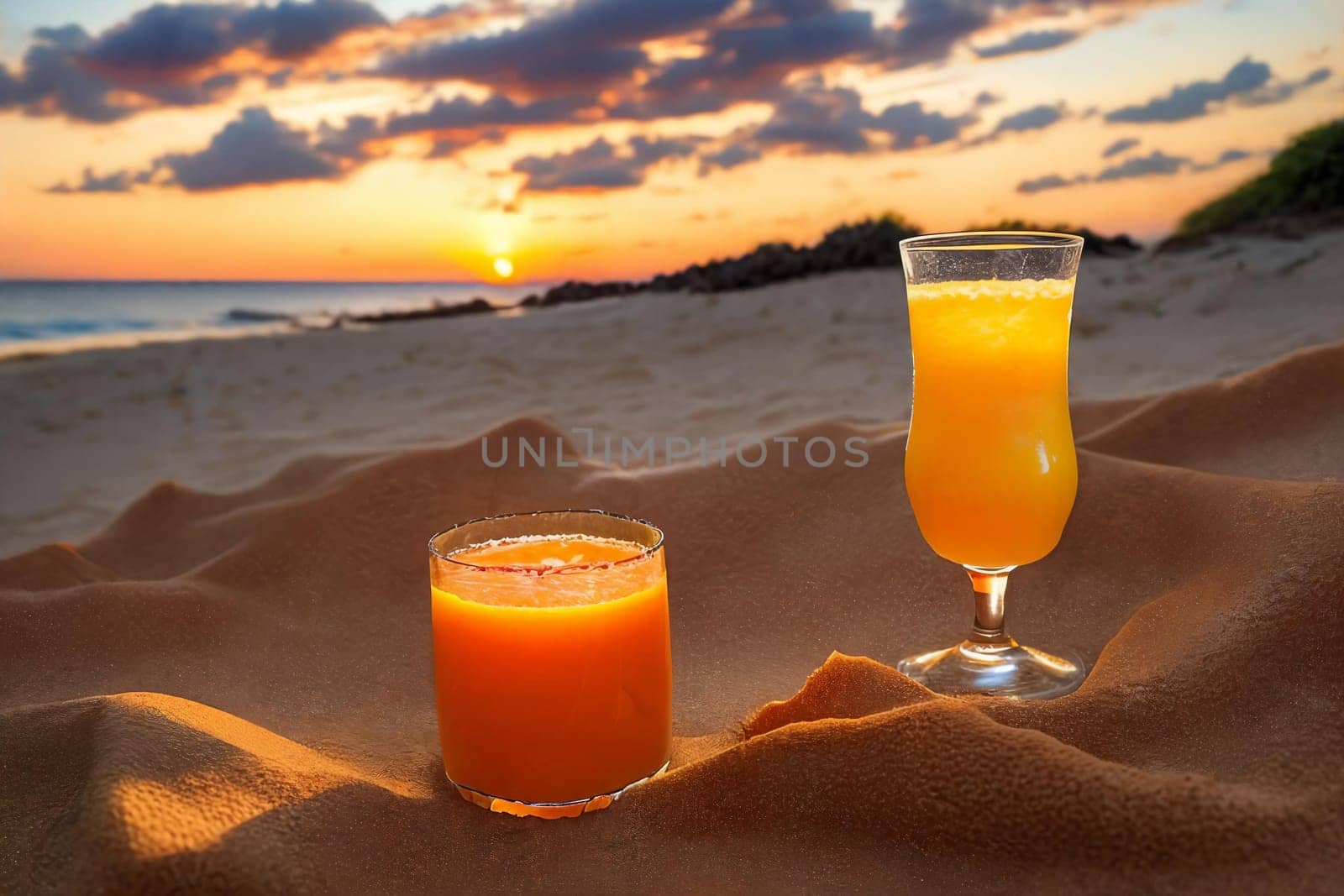 A refreshing glass of vibrant orange juice beside a ripe orange fruit on a sandy beach
