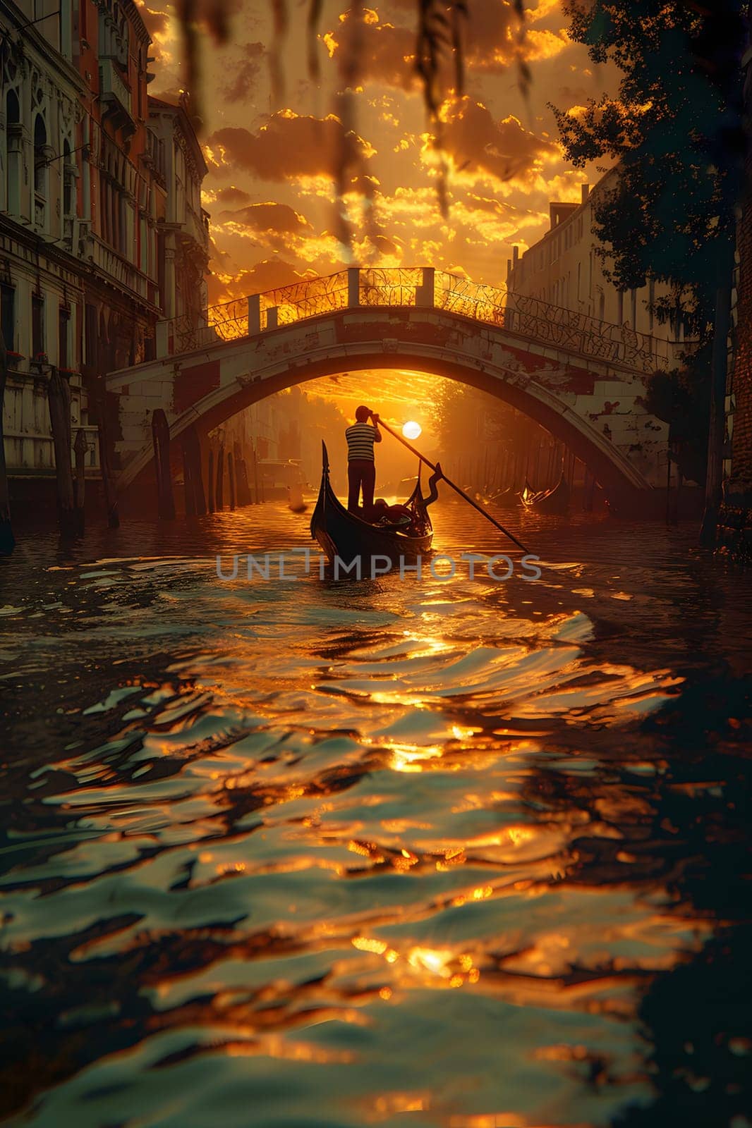 Man in boat at dusk on canal in gondola, with sunlight reflecting on water by Nadtochiy