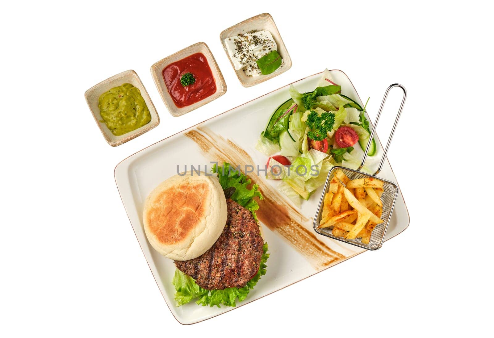 Delicious grilled  burger on white plate on white background.  with sauces, french fries and salads. by Sonat