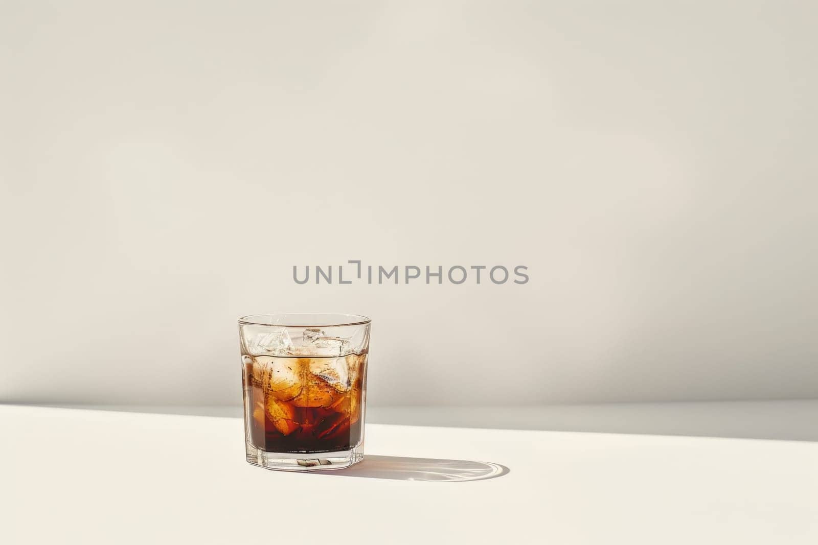 A glass of iced black coffee on white background and Clean composition, minimal style.