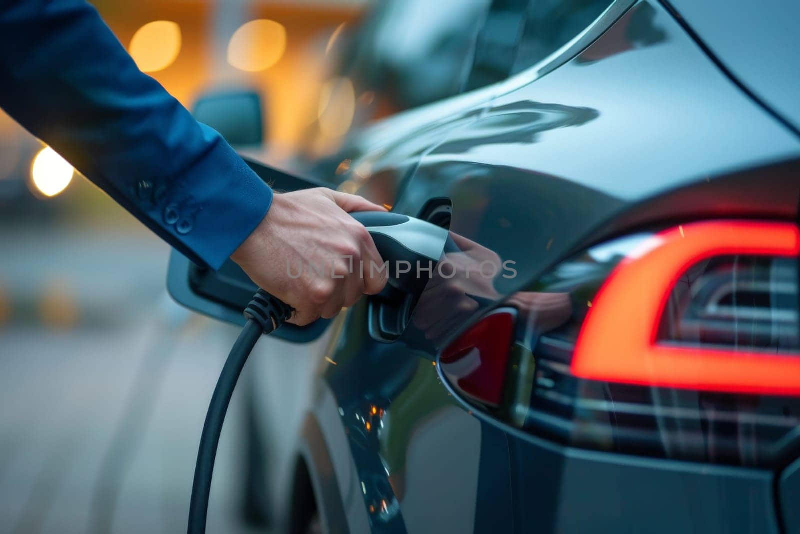 close up of a hands of a businessman using an electric car charger, electric car charging by nijieimu