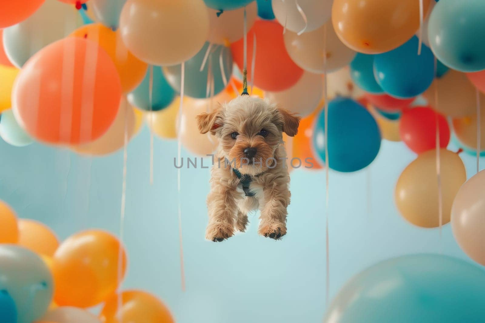 adorable puppy flying with air balloons, dog floating in the sky with a bunch of colorful balloons.