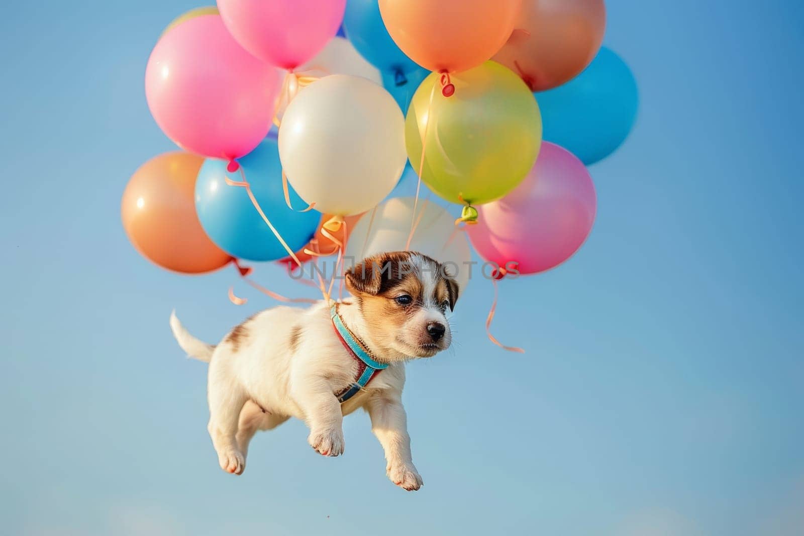 adorable puppy flying with air balloons, dog floating in the sky with a bunch of colorful balloons.