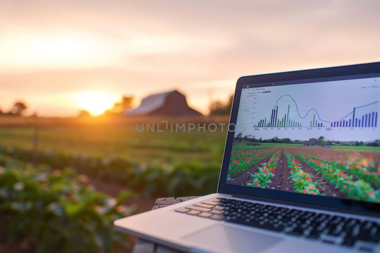 a farm and a laptop screen that shows a graph of the firm productivity, technology in agriculture by nijieimu