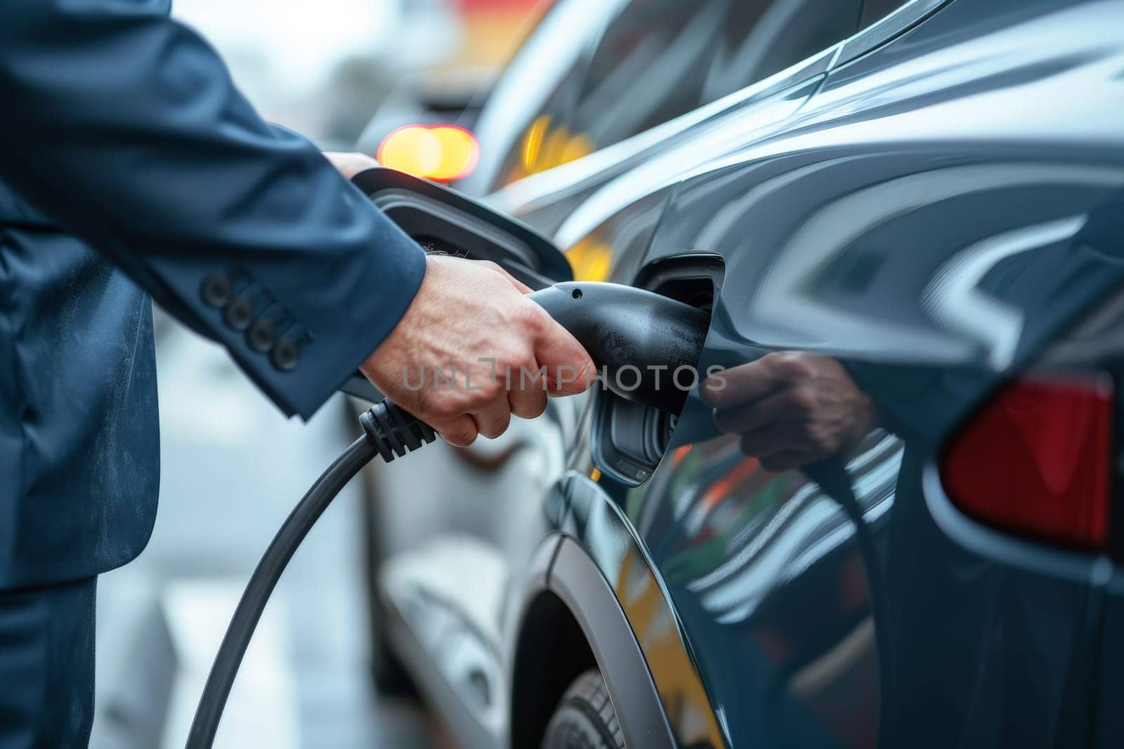 close up of a hands of a businessman using an electric car charger, electric car charging.