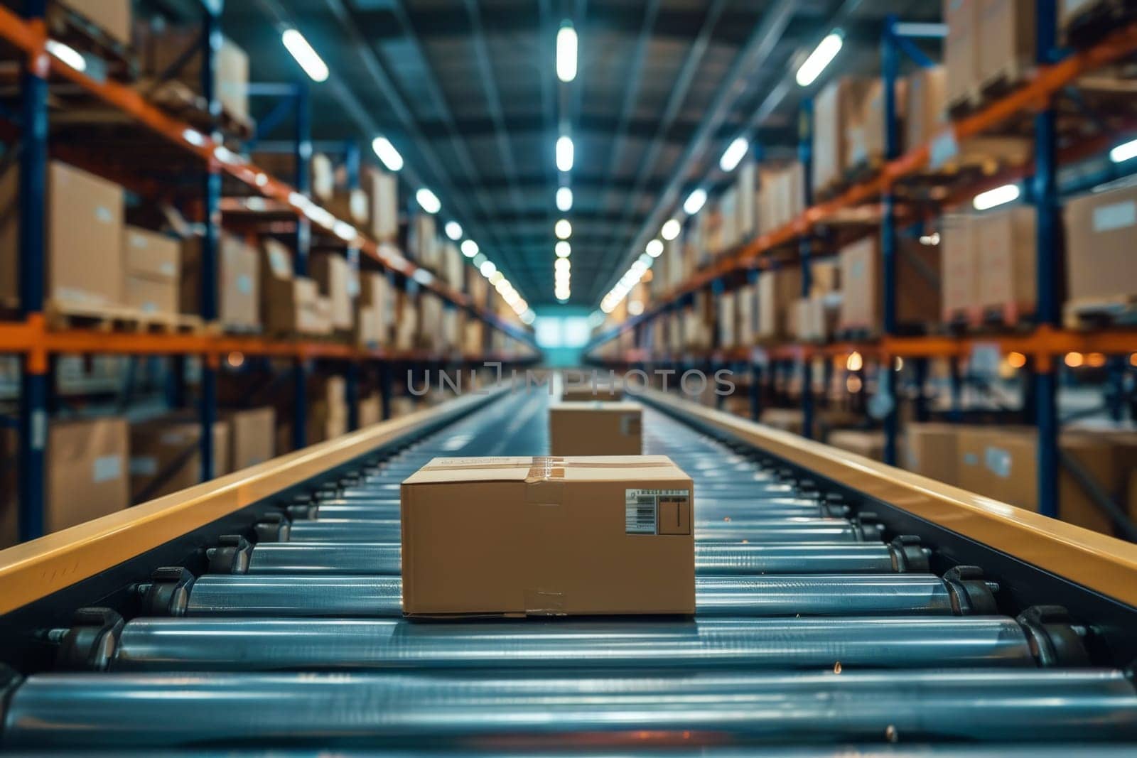 distribution warehouse with a conveyor belt, modern distribution methods for online shopping.