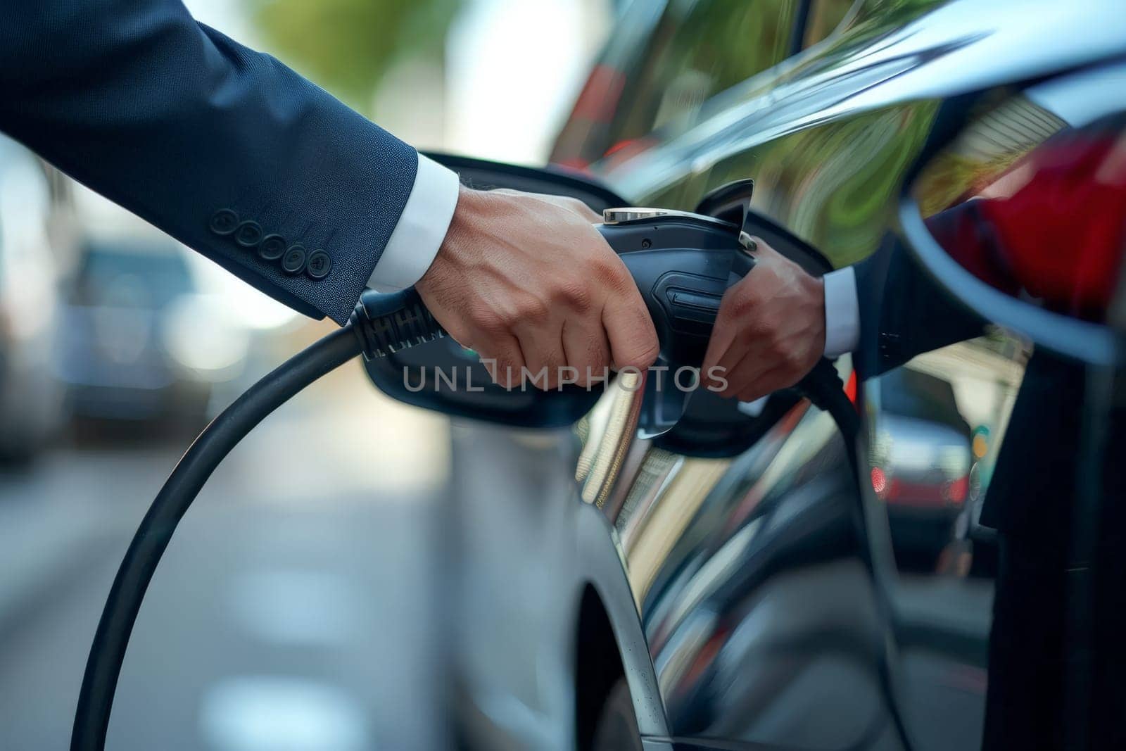 close up of a hands of a businessman using an electric car charger, electric car charging.